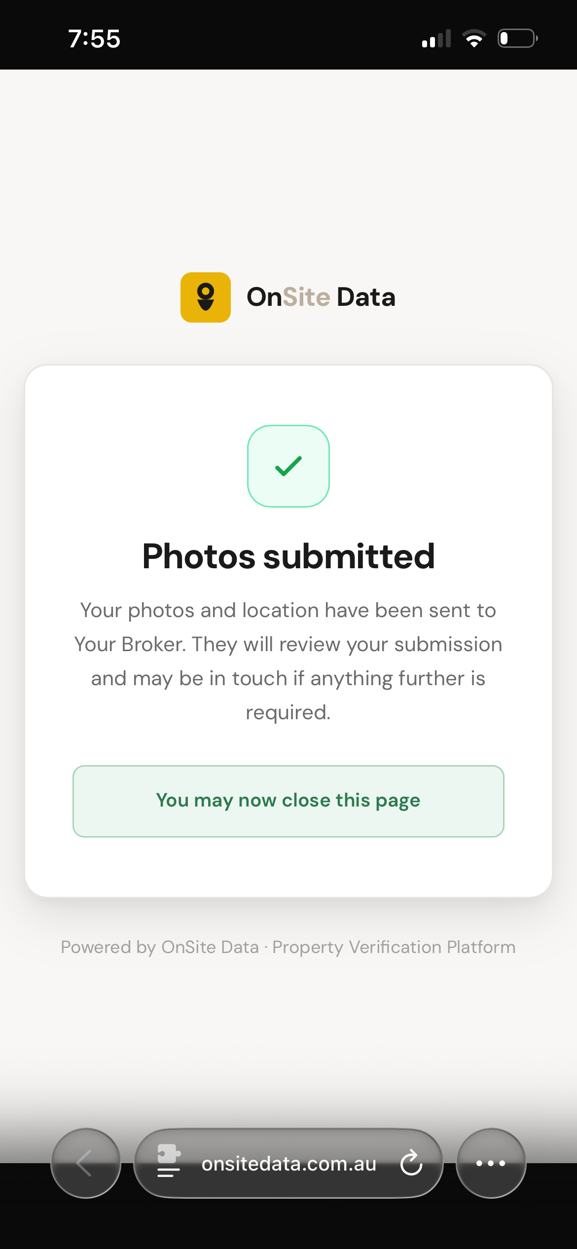 OnSite verification screen